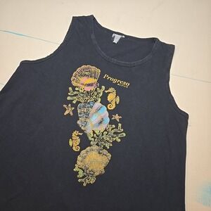 VTG Progresso Mexico Seashell Tank Dress Black Sleeveless‎ Graphic Women M 90s
